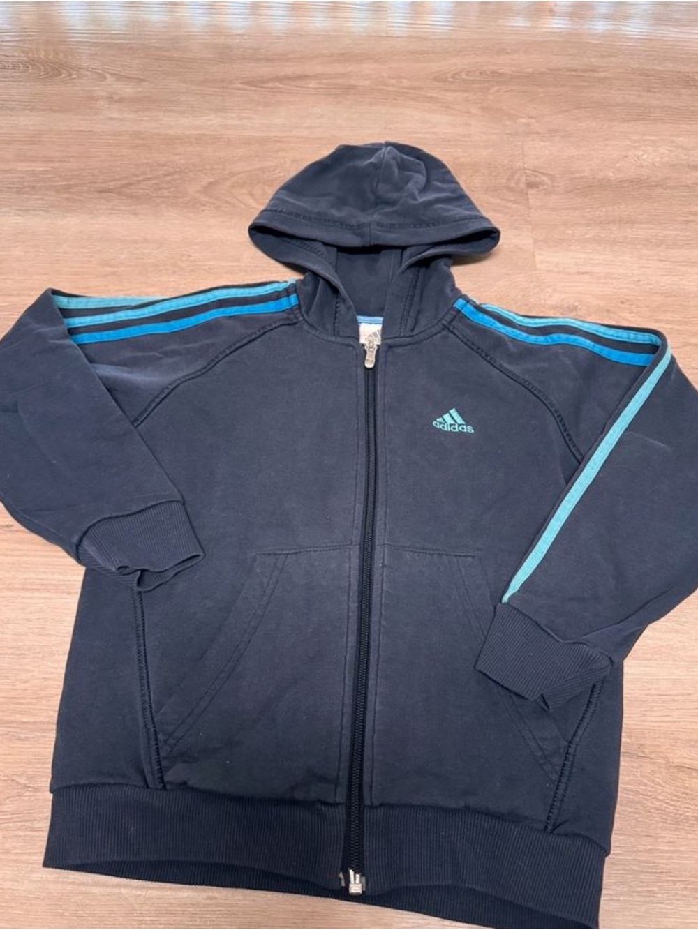 adidas Navy Hooded Zip Jacket with Turquoise Stripe Accents